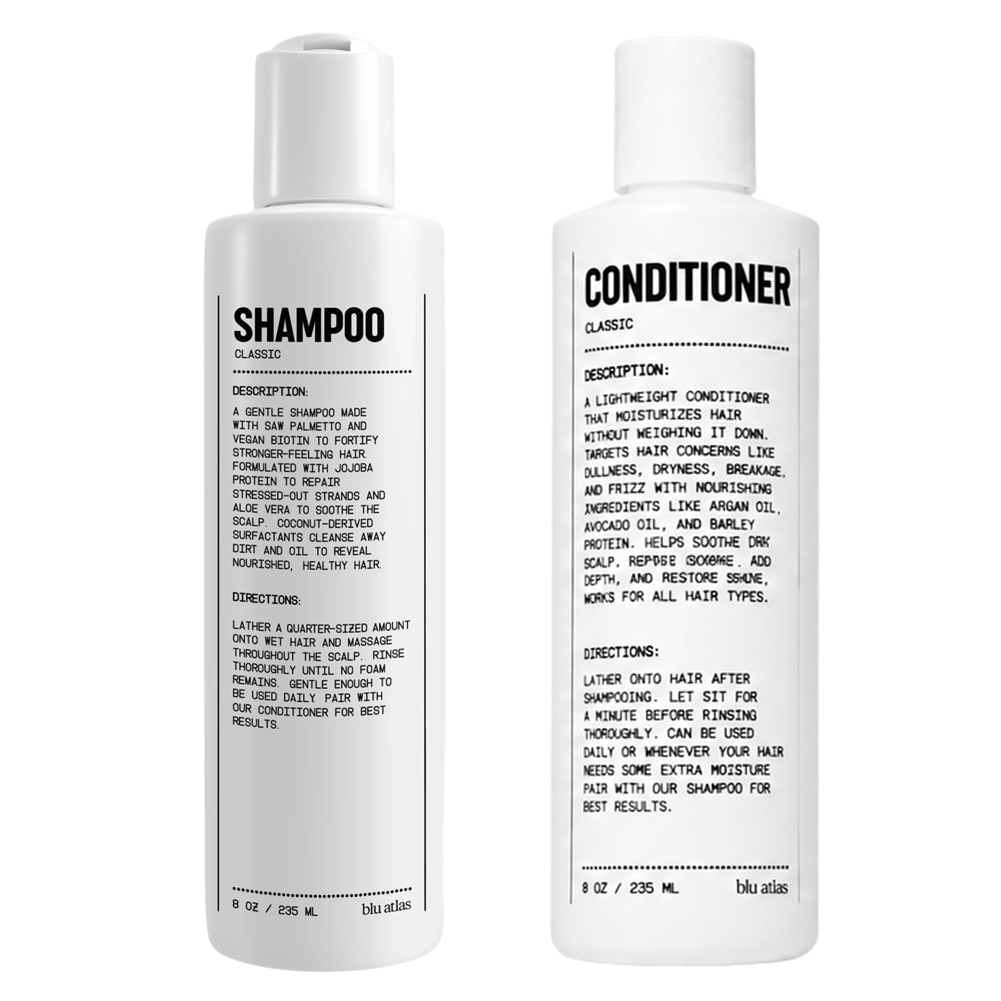 Blu Atlas front packaging showing shampoo and conditioner for simple grooming