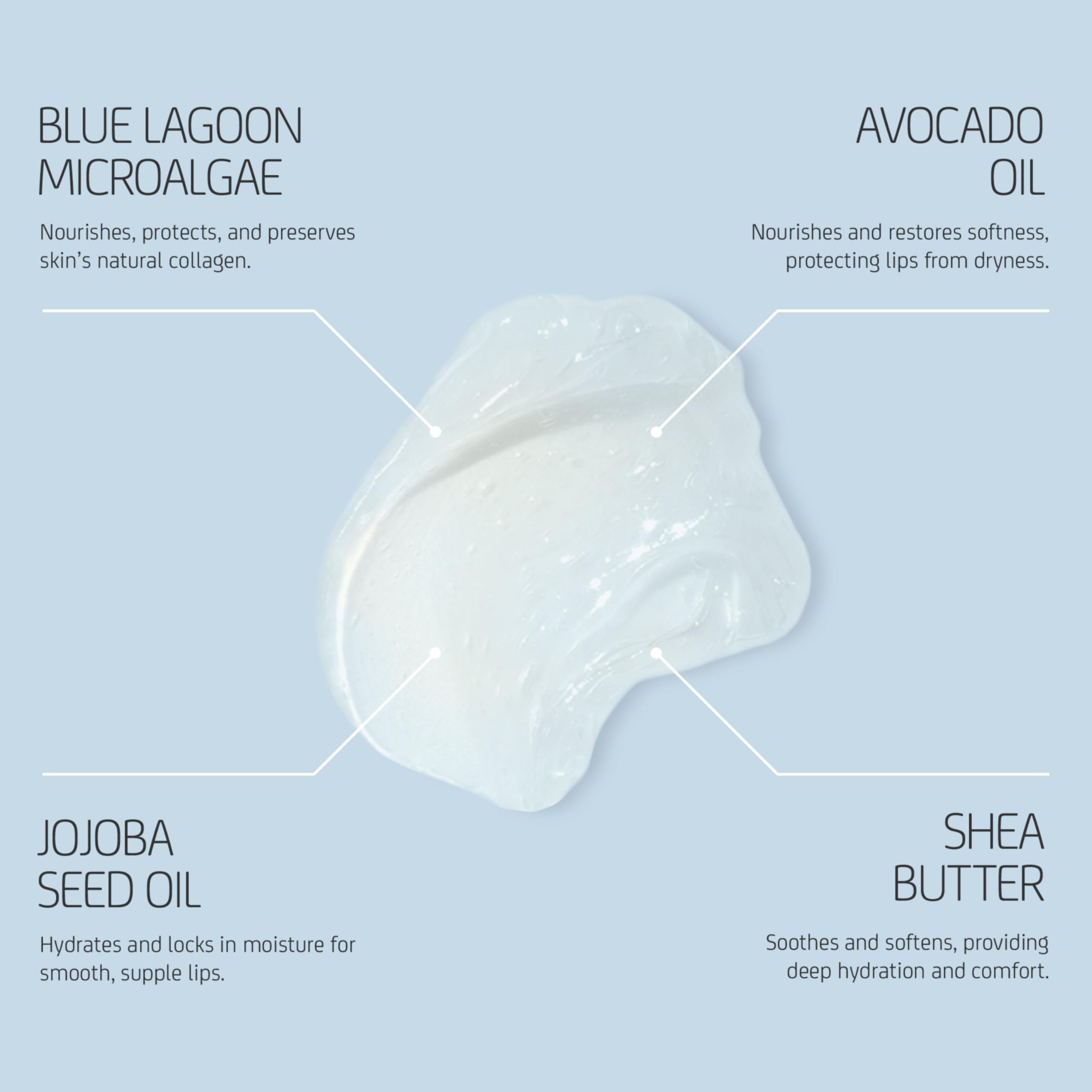 Application of Blue Lagoon lip balm on lips demonstrating instant soothing and softening effect