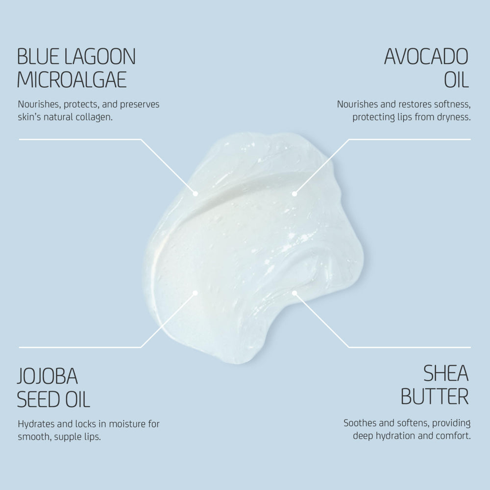 Application of Blue Lagoon lip balm on lips demonstrating instant soothing and softening effect