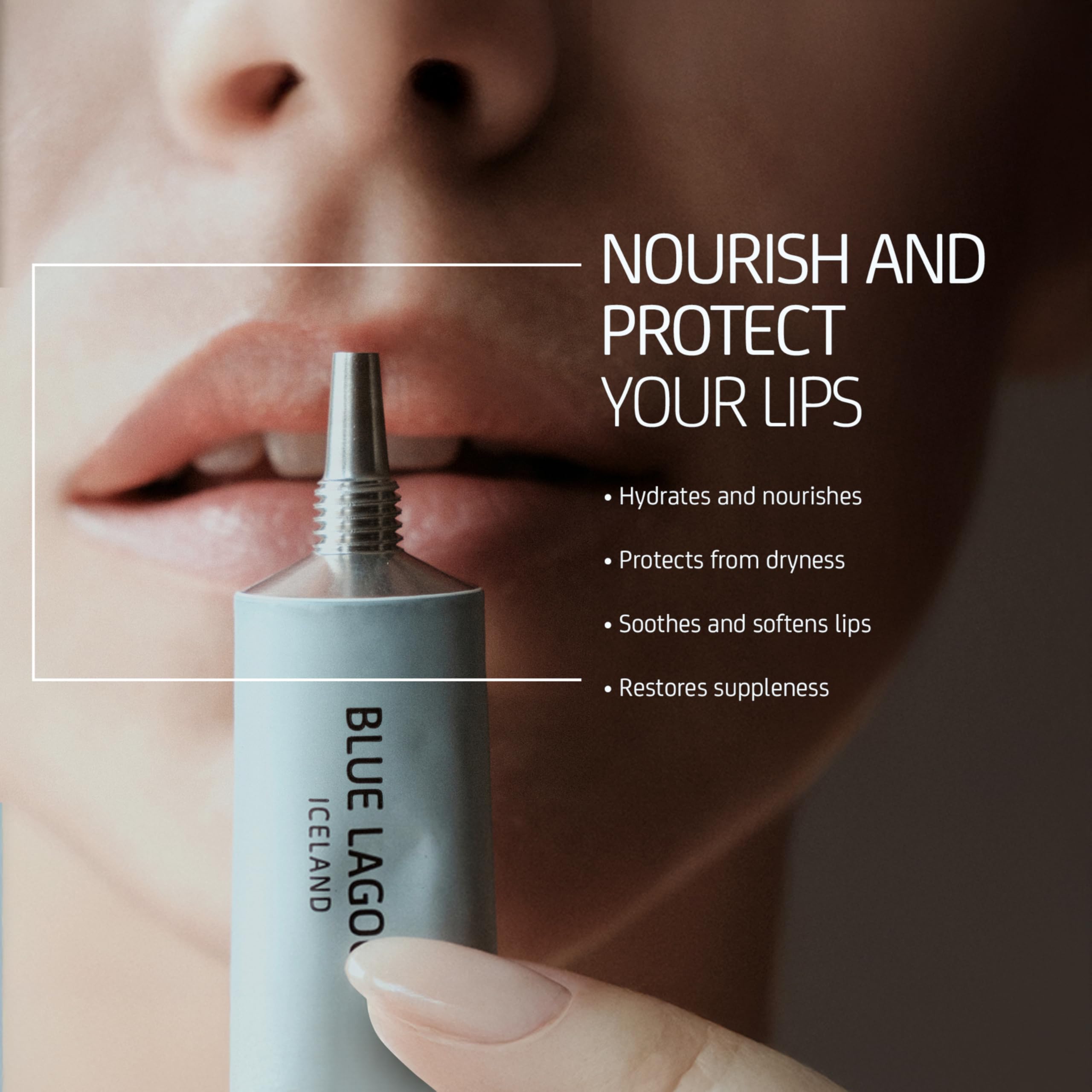 Close-up texture of Blue Lagoon lip balm highlighting creamy formula and quick moisturizing benefit