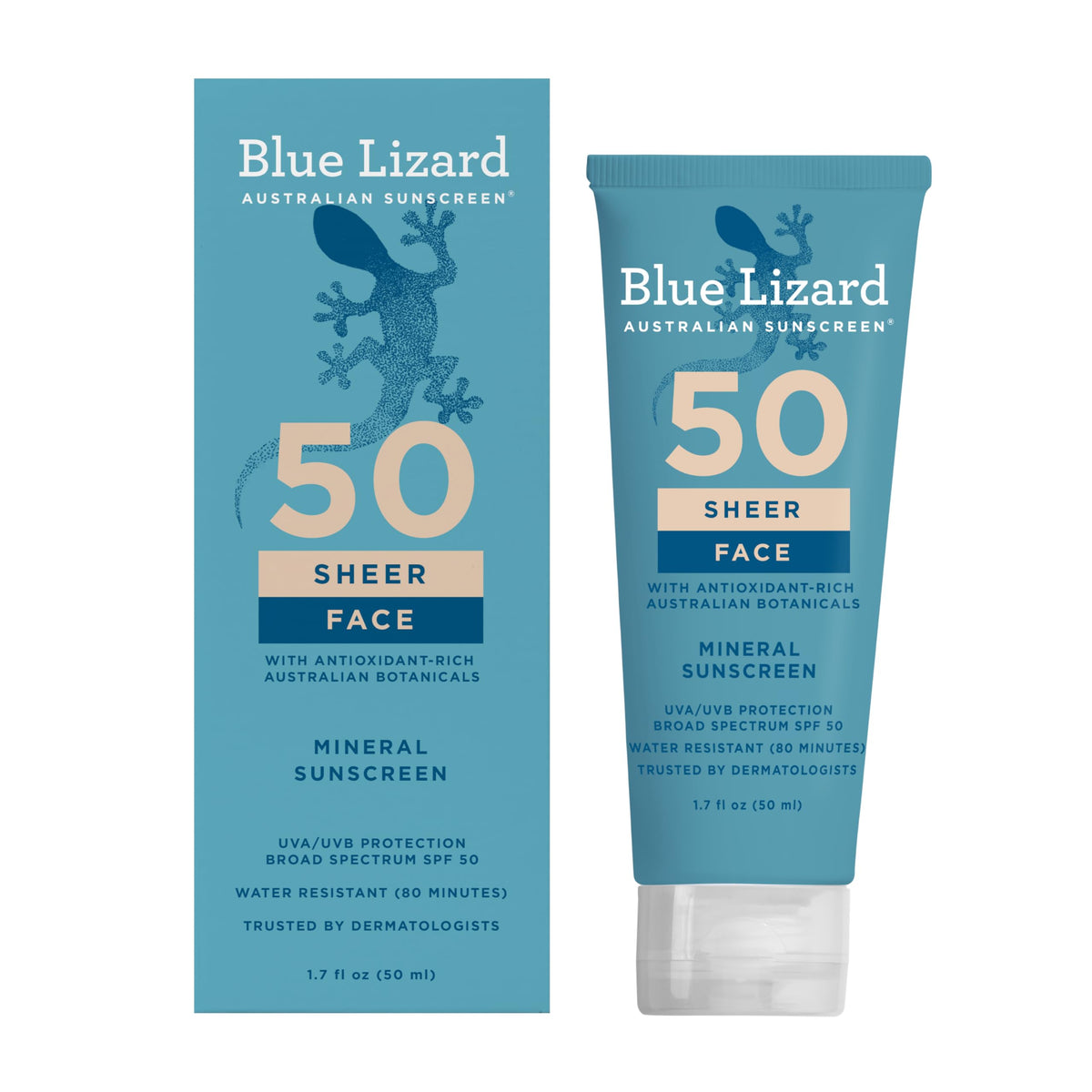 Blue Lizard front packaging showing SPF 50 and lightweight benefit