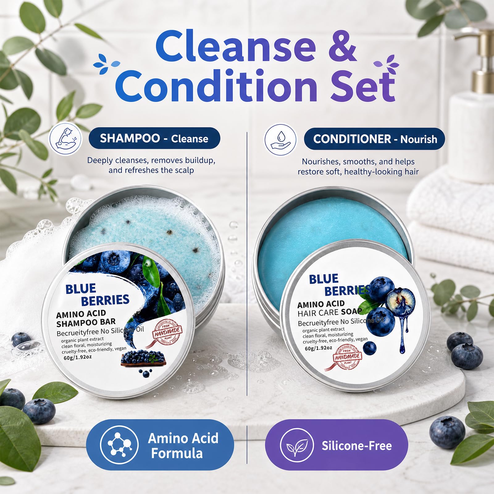 Blueberry Organics bars staged in bathroom showing low-waste routine