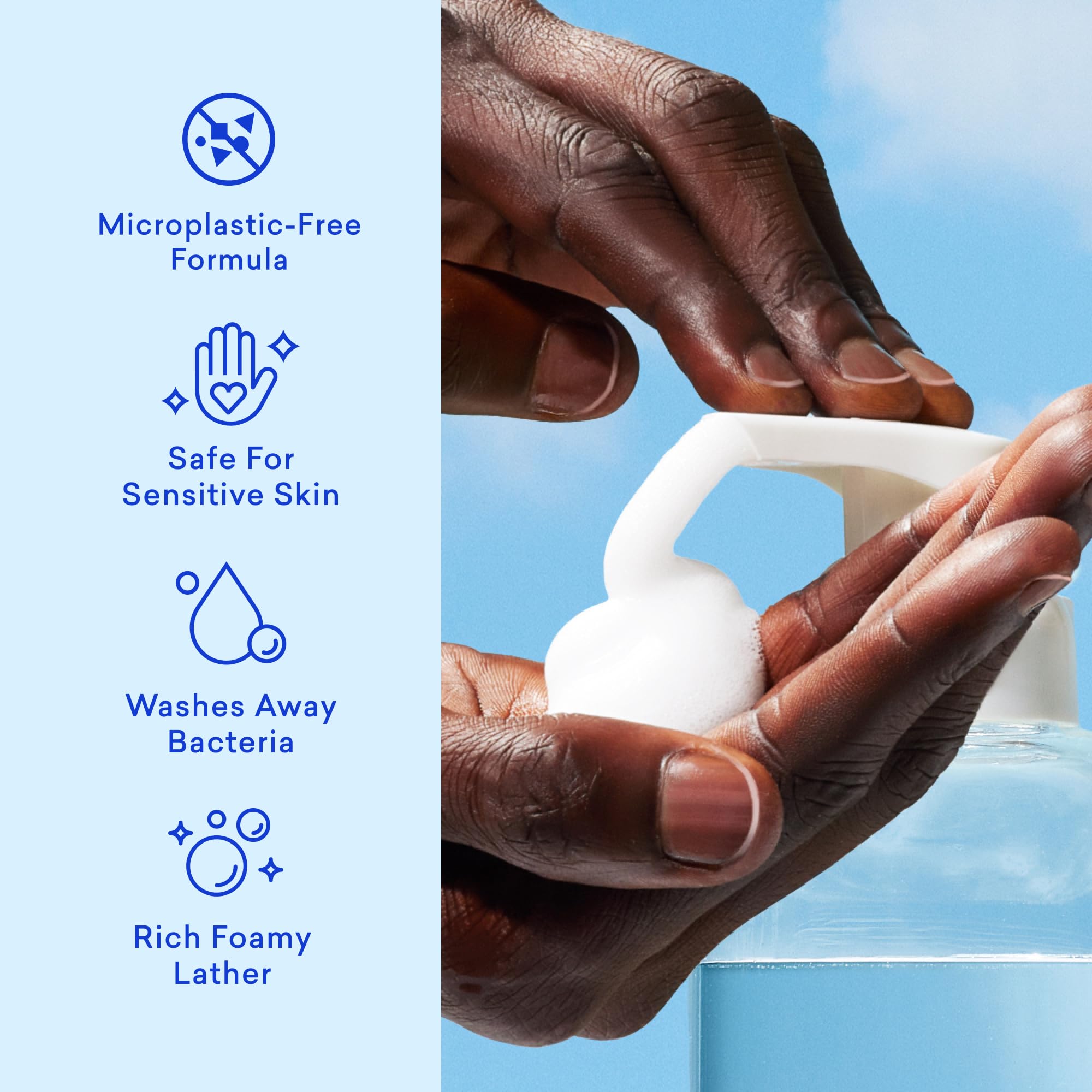 BLUELAND foam pump in action producing rich lather for gentle hand cleansing