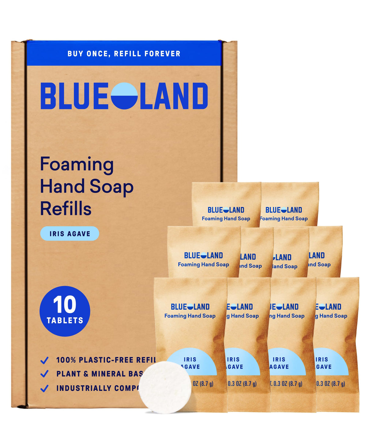 BLUELAND Forever Bottle front view showing iris agave scent and refill benefit