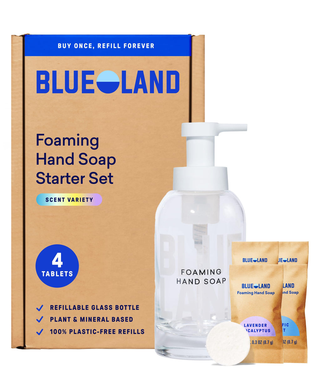 BLUELAND Forever Bottle front view showing reusable glass and pump, eco-friendly benefit