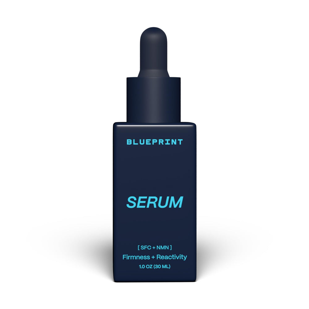 Blueprint Bryan Johnson front bottle view showing sleek packaging and skincare benefit