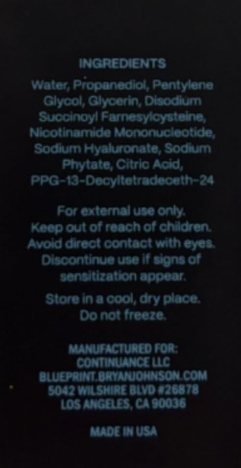 Blueprint Bryan Johnson label closeup showing ingredient list and vegan formula benefit