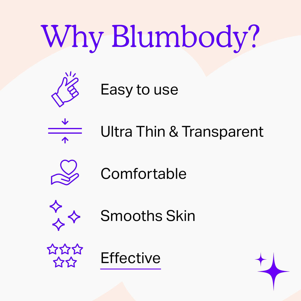 BLUMBODY patches on a nightstand suggesting easy nightly skincare routine