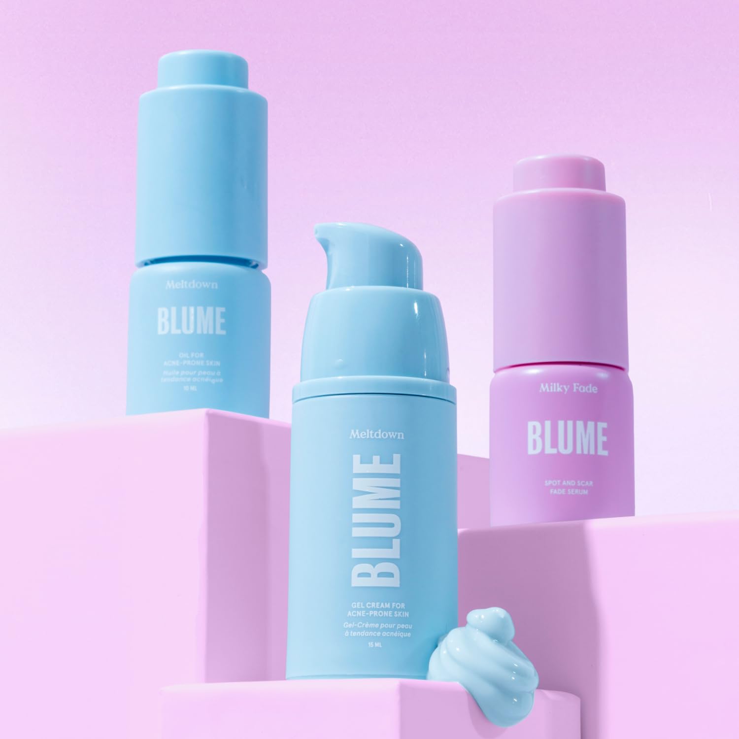Blume products arranged on bathroom counter showing daily routine benefit