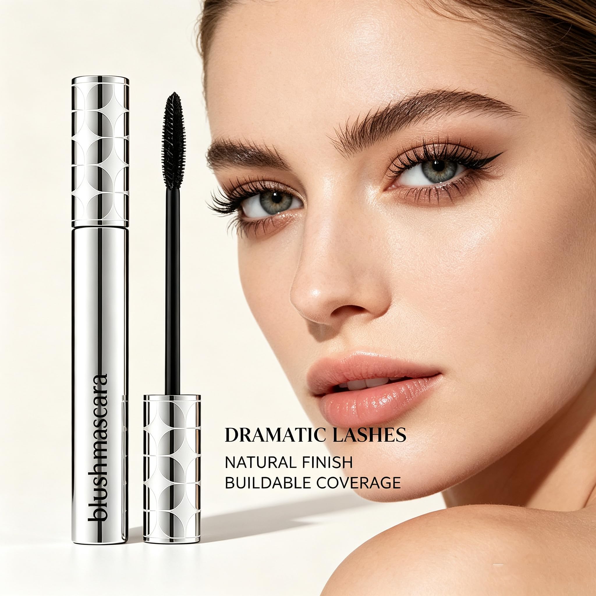 Blush Mascara wand texture swipe on white background illustrating lightweight formula