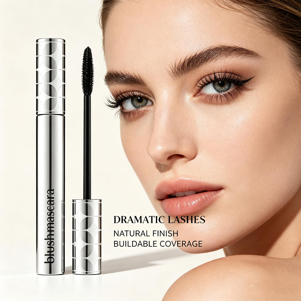 Blush Mascara wand texture swipe on white background illustrating lightweight formula