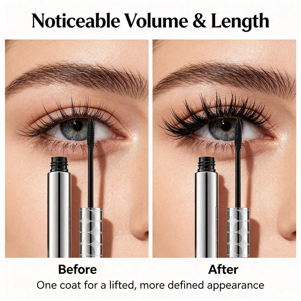 Blushe Mascara before and after comparison showing visible volume and length benefit
