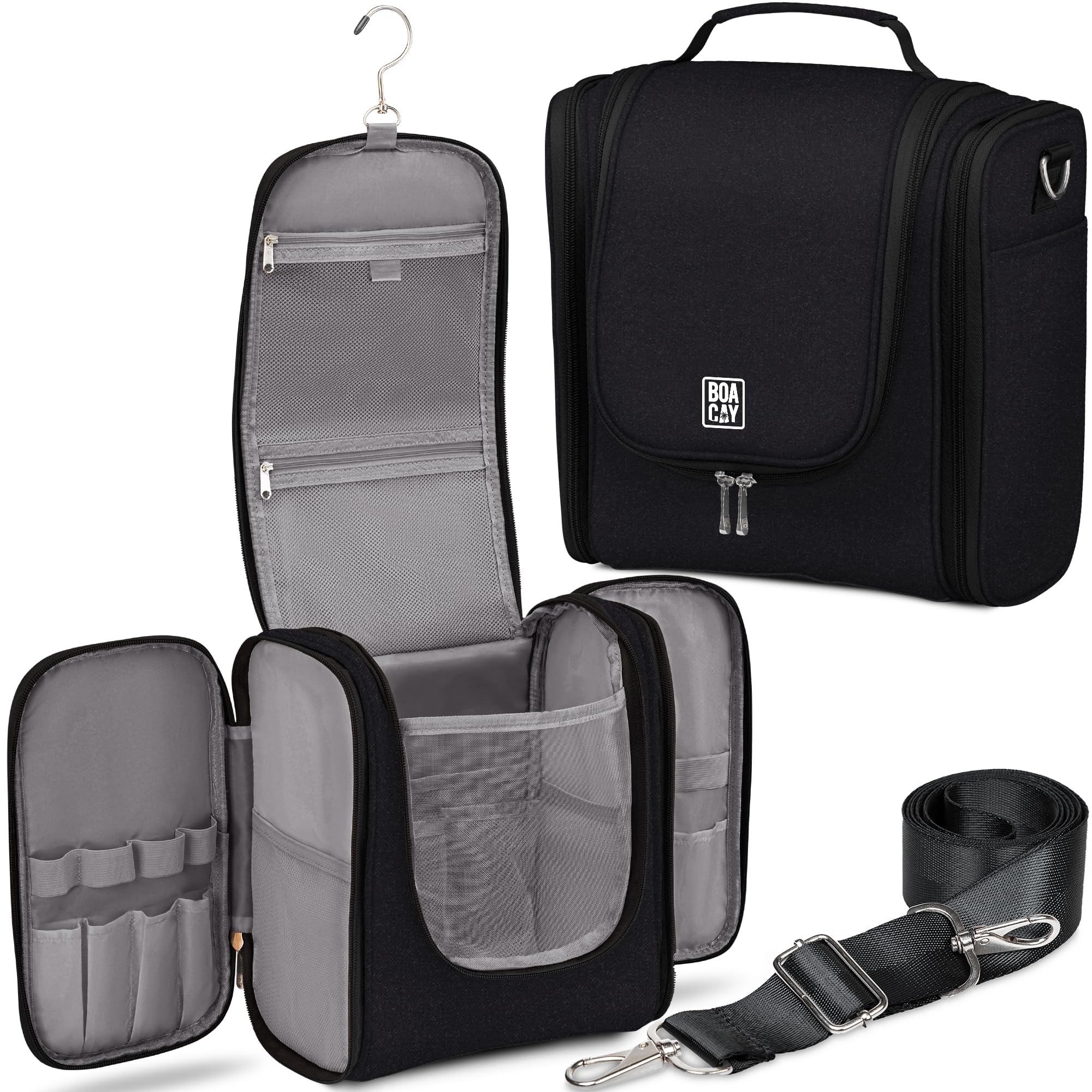 BOACAY front view of hanging toiletry bag showing compact design and easy access
