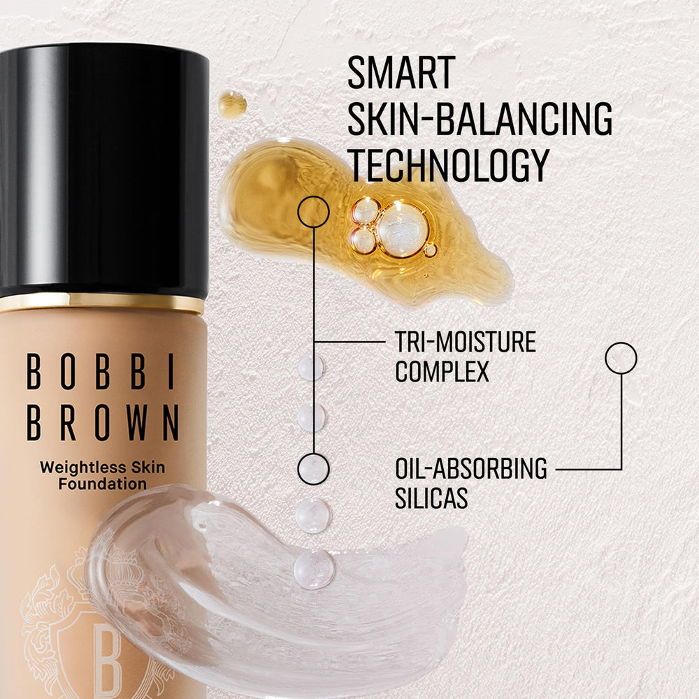 Bobbi Brown bottle beside shade chart highlighting 53 shade variety for match