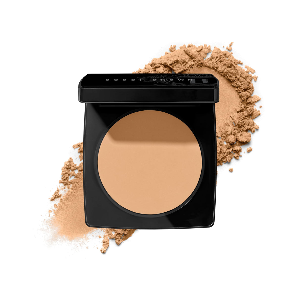 Bobbi Brown compact front view showing warm natural shade and travel-ready design