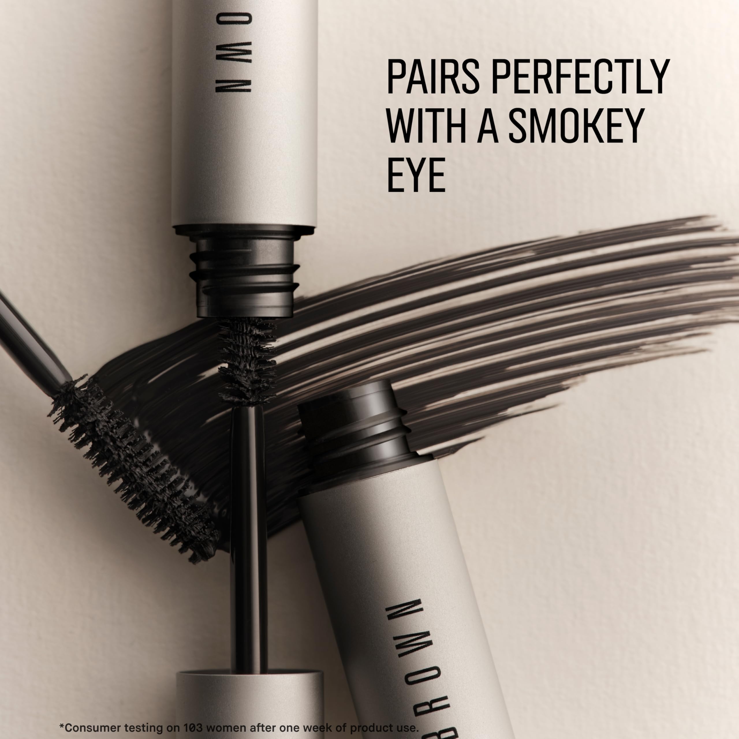 Bobbi Brown tube cap and label detail emphasizing long-wearing formula and volumizing claims