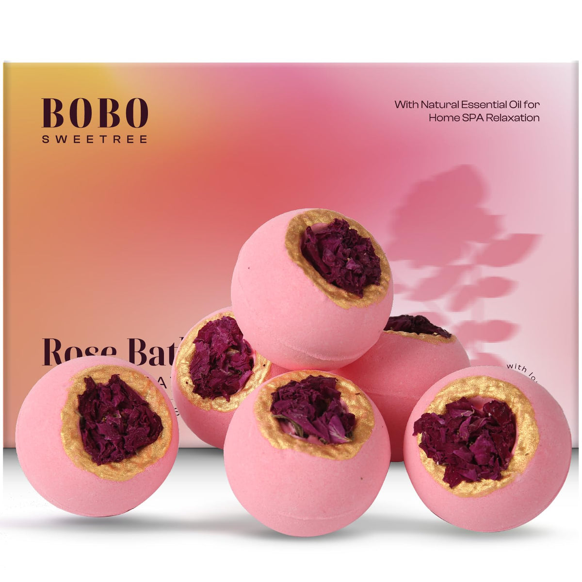 BoboSweeTree front packaging showing six rose bath bombs and gift box for gifting
