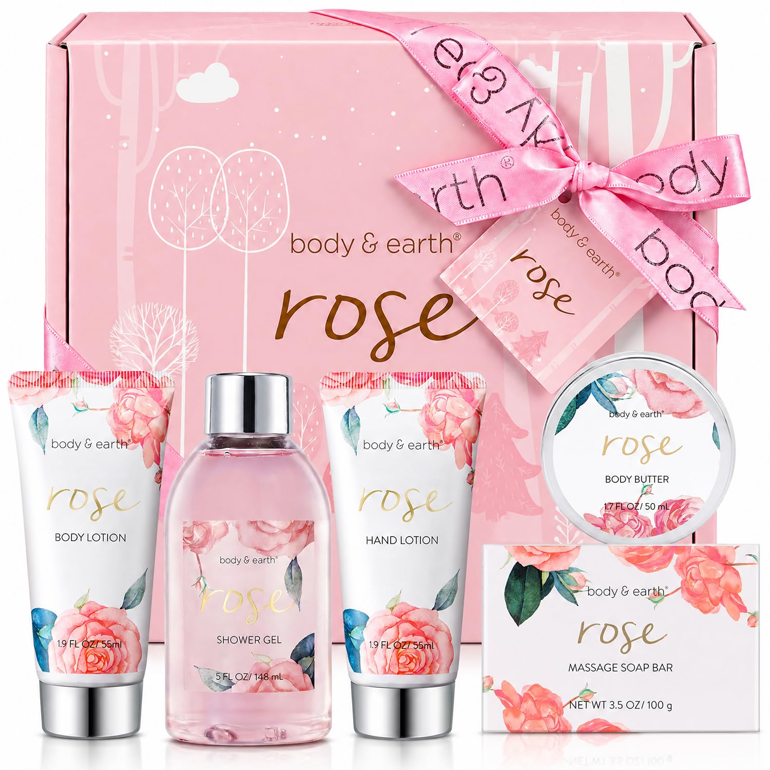 BODY & EARTH front packaging of rose spa set, gift-ready presentation