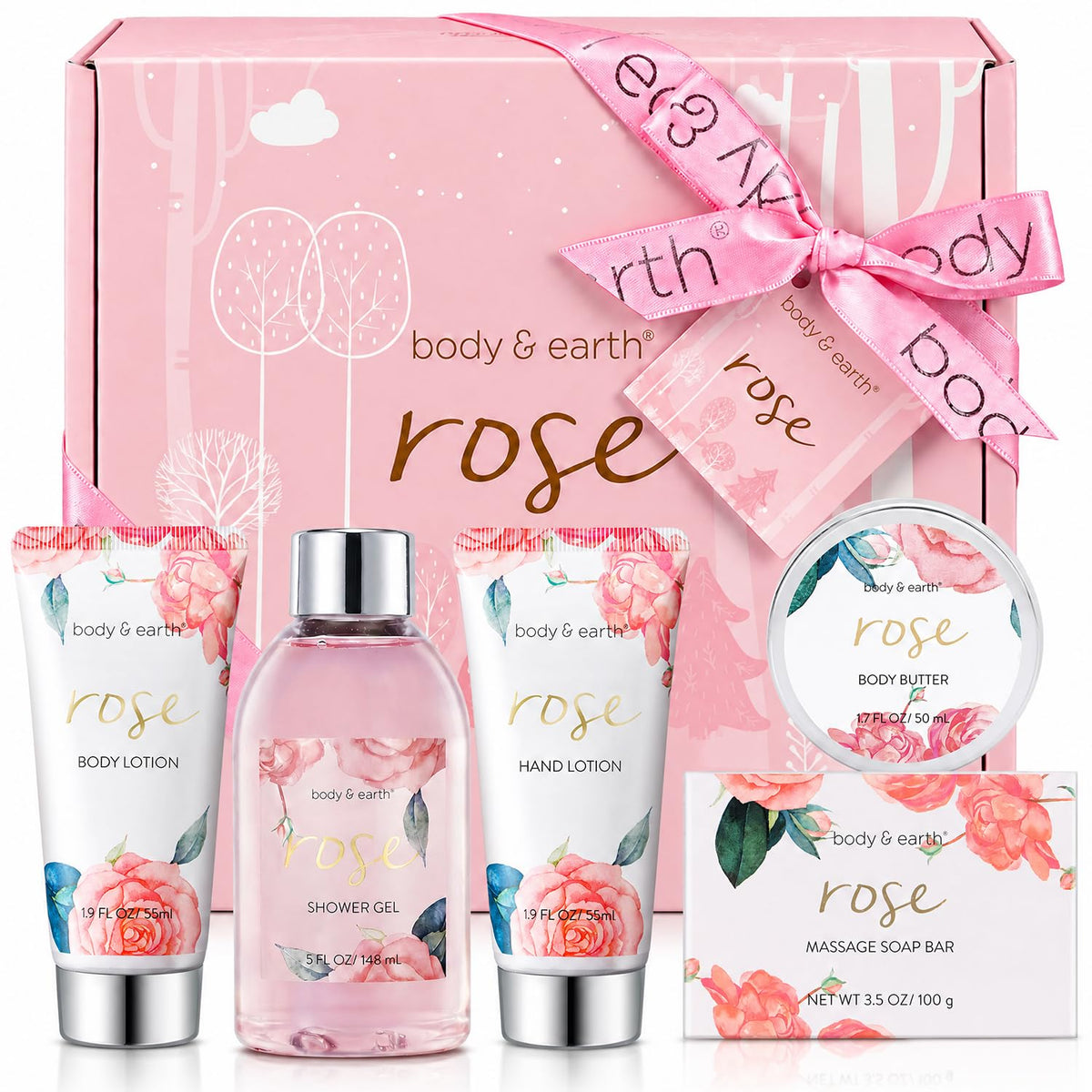 BODY & EARTH front packaging of rose spa set, gift-ready presentation