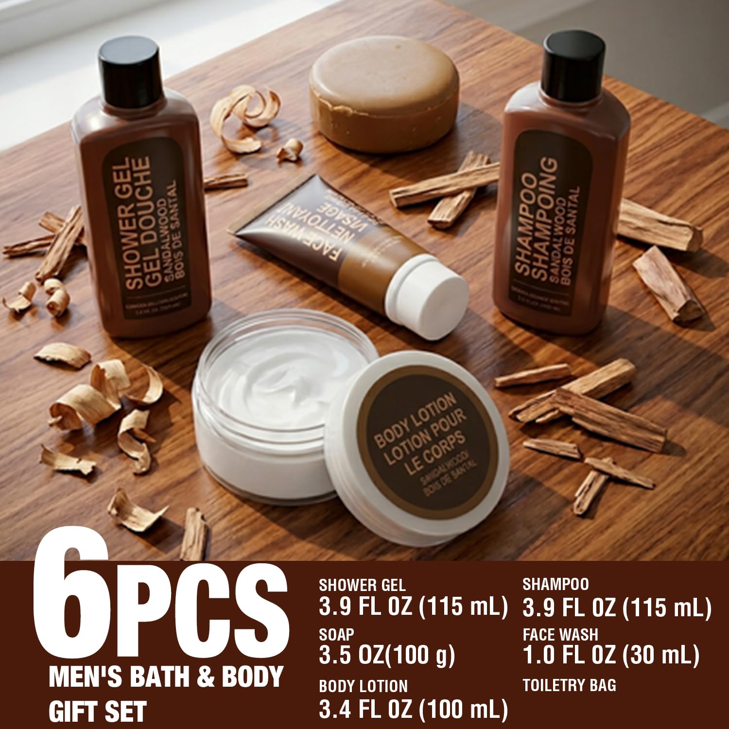 BODY & EARTH label close-up revealing product names and sandalwood scent benefits