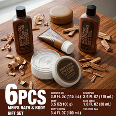 BODY & EARTH label close-up revealing product names and sandalwood scent benefits