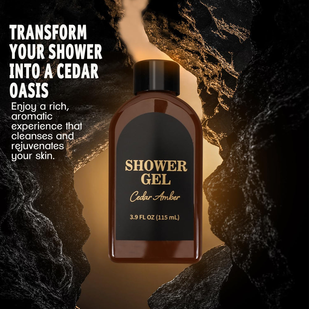 BODY & EARTH cedar & sandal shower gel bottle demonstrating cleansing benefit