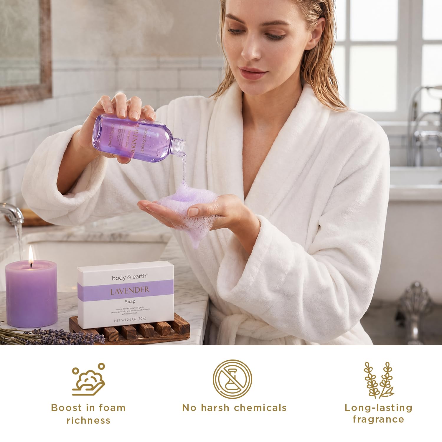 BODY & EARTH body lotion being poured to show moisturizing texture
