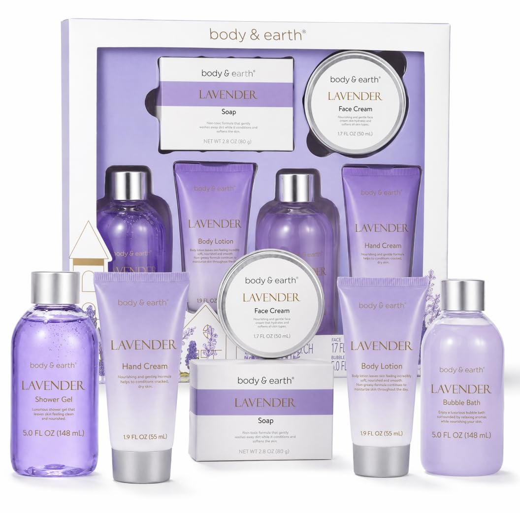 BODY & EARTH gift box front view showing lavender ribbon and ready-to-gift presentation