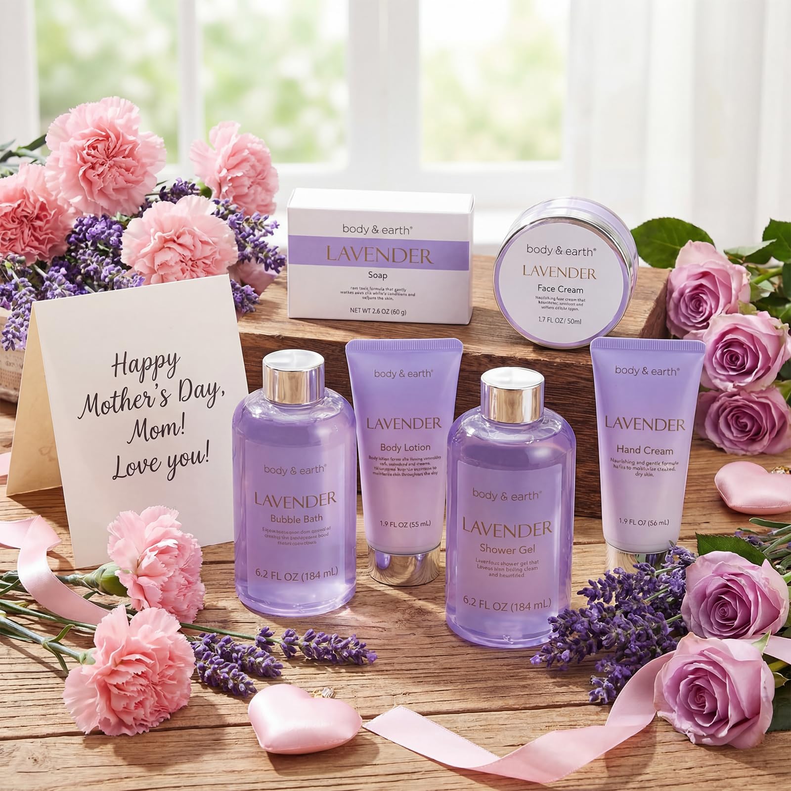 BODY & EARTH products styled on bathroom shelf showing elegant gift display