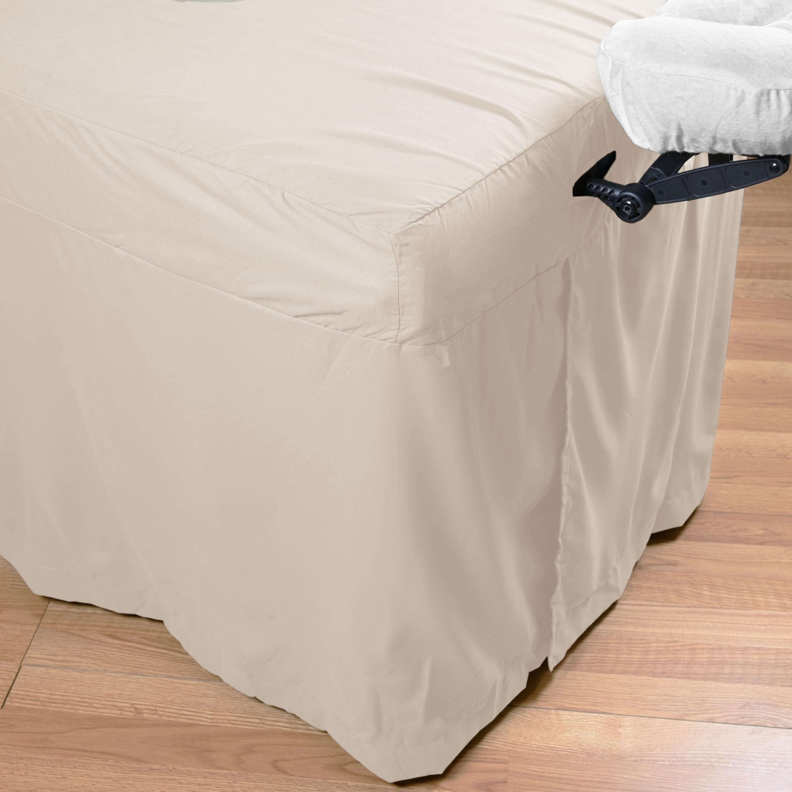 Body Linen skirt hiding oils and supplies for tidy under-table storage