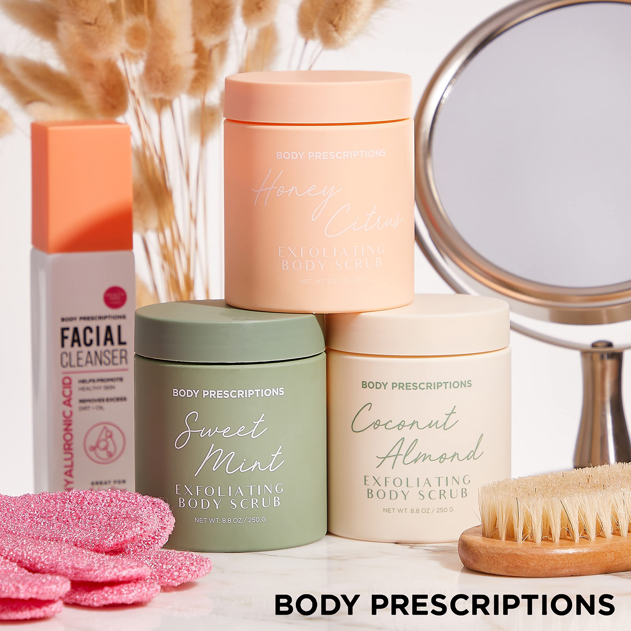 Body Prescriptions jar on bathroom shelf in shower setting conveying spa feel and daily ritual benefit