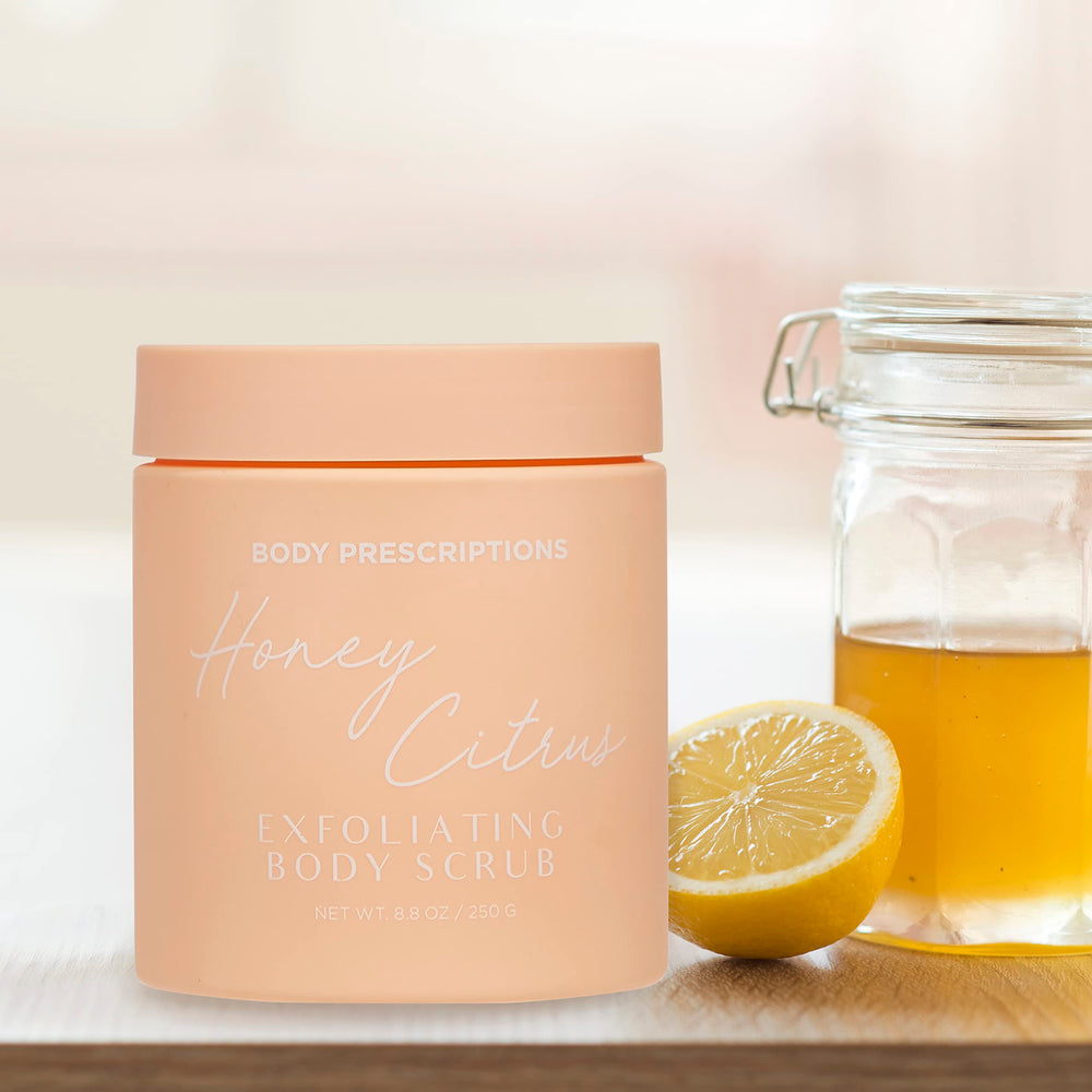 Body Prescriptions scrub scooped in hand demonstrating spreadable consistency and easy application