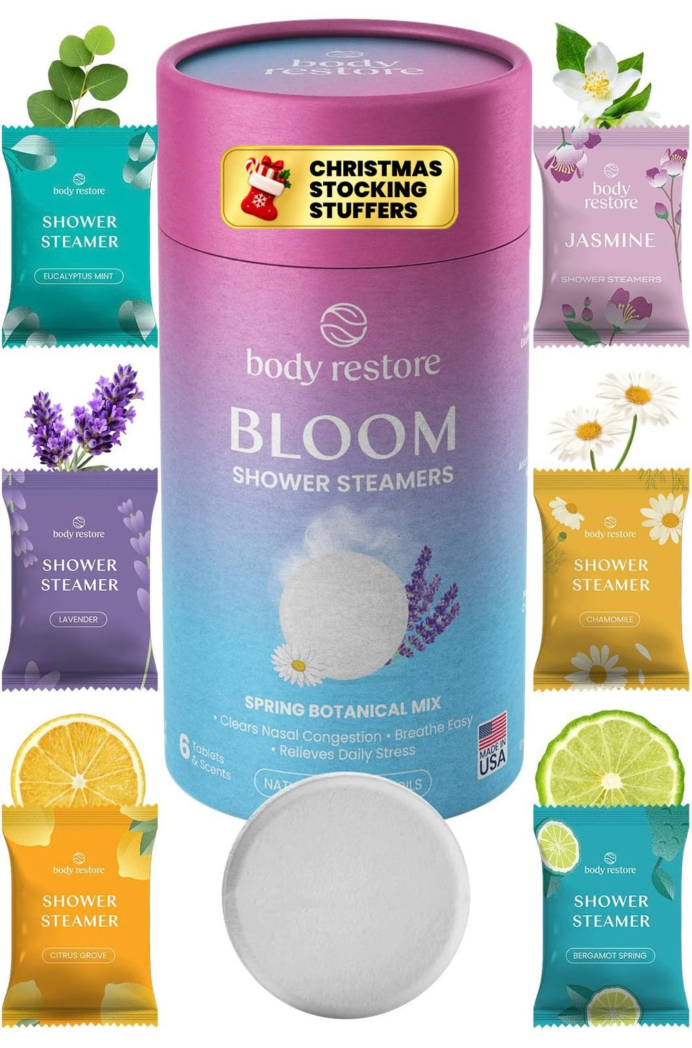 Body Restore packaging front view showing Bloom scents and gift-ready presentation