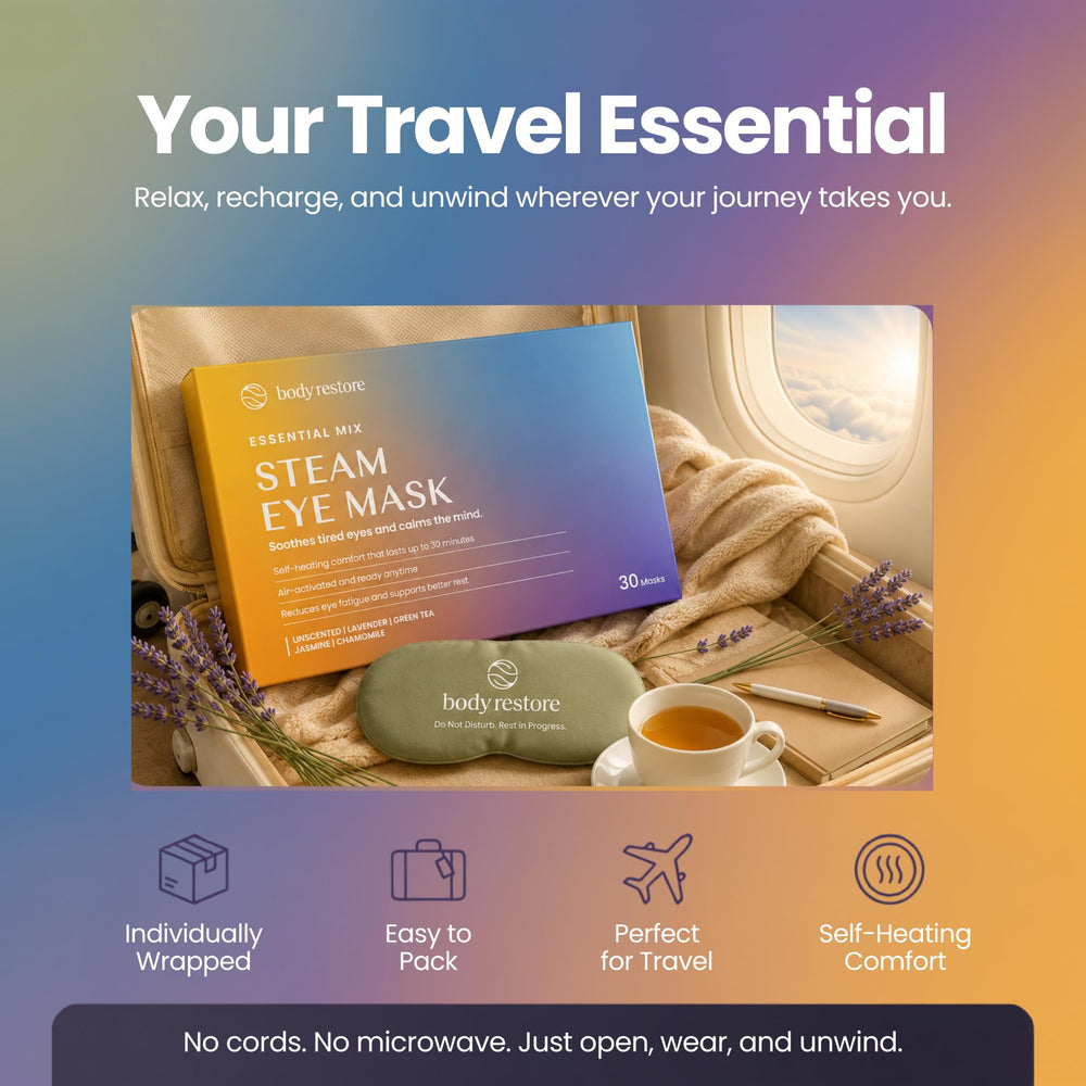 Body Restore lavender-scented mask on bedside table promoting calm rest