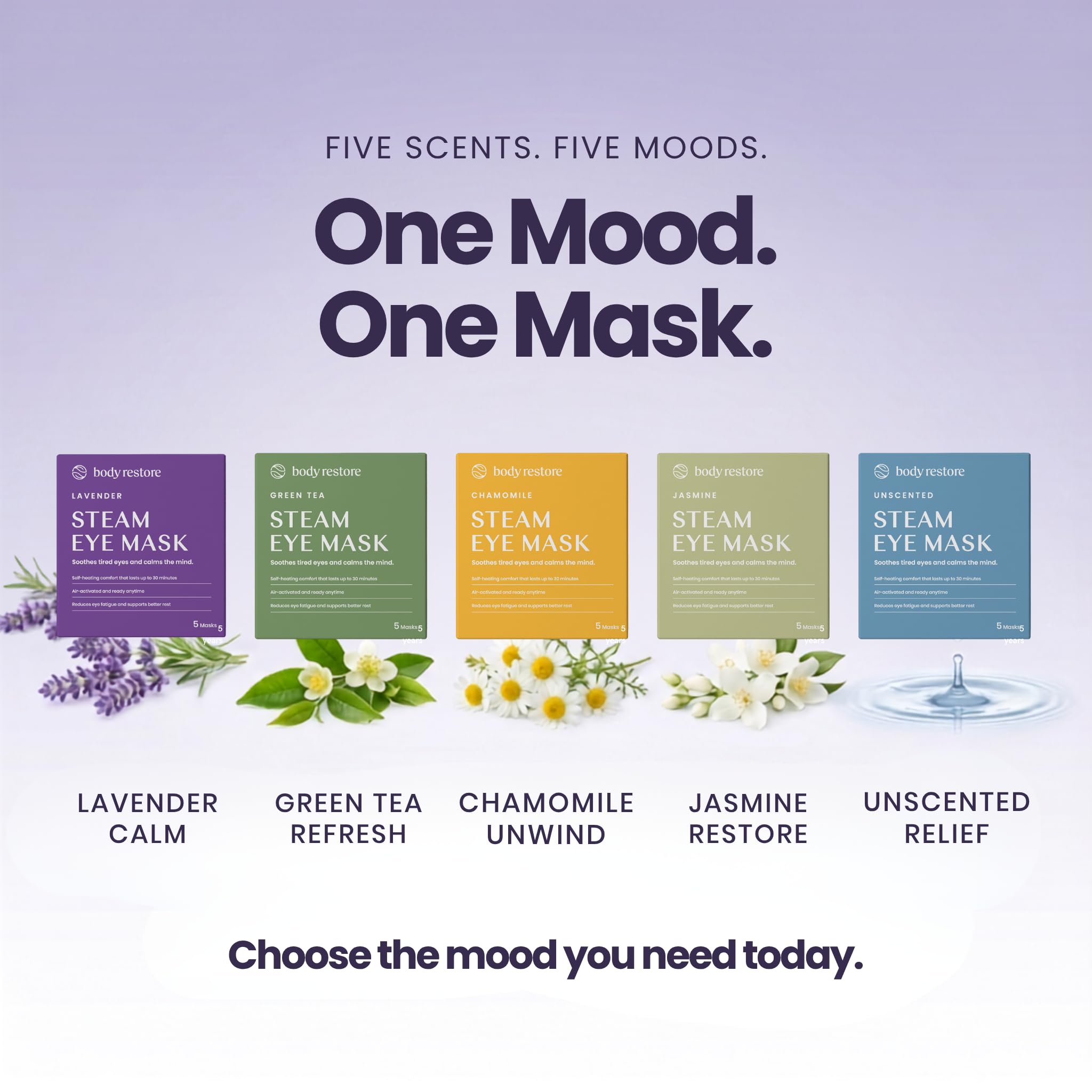 Body Restore model wearing heated eye mask, demonstrating soothing warmth