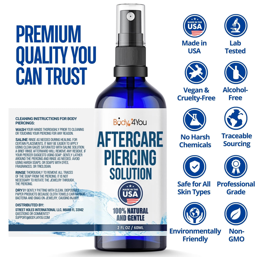 Before-and-after pierced skin cared with BodyJ4You, showing reduced crusting effect