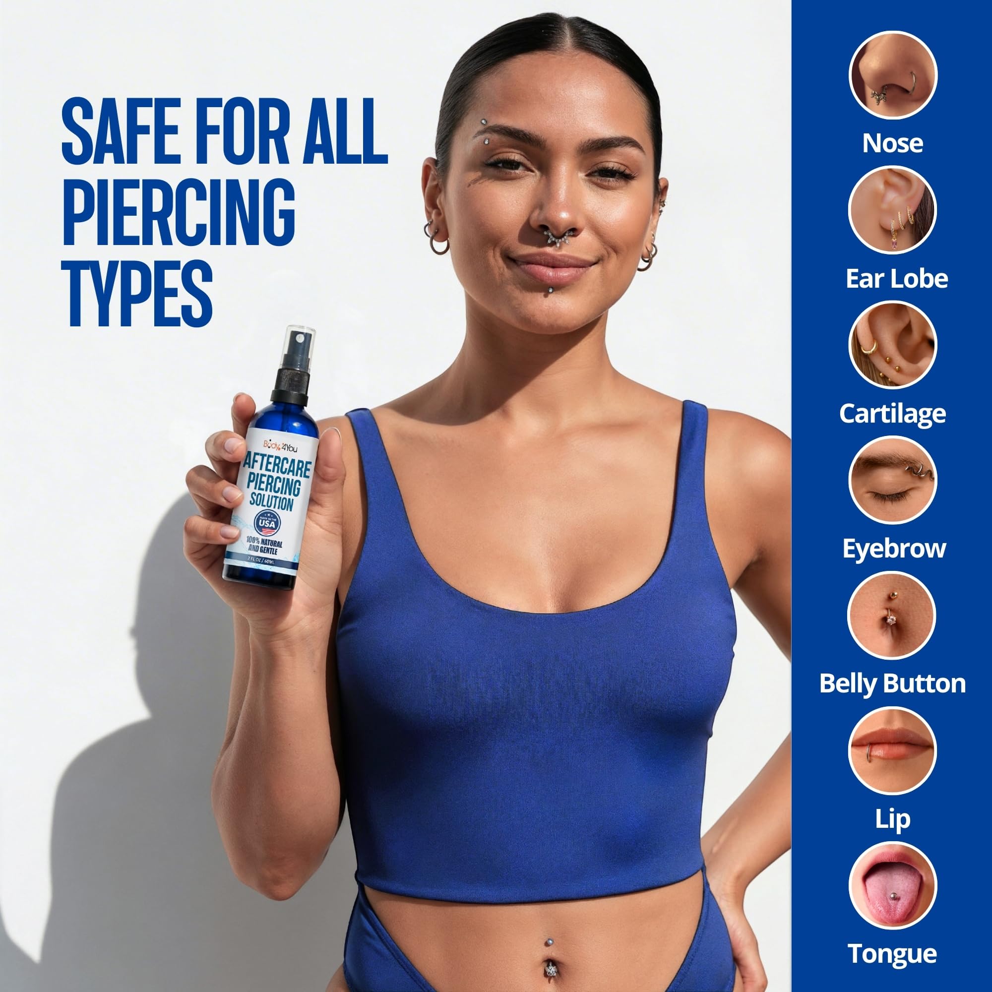 Using BodyJ4You spray on an ear piercing, illustrating touch-free hygiene benefit