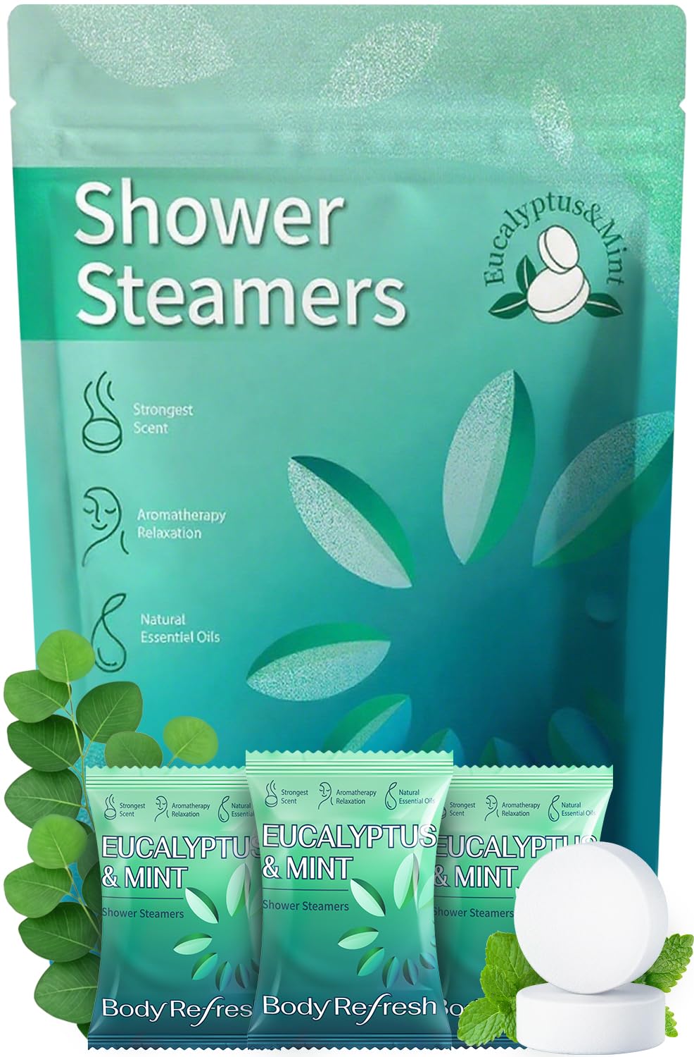 BodyRefresh front packaging showing 18 eucalyptus mint steamers, quick refresh benefit