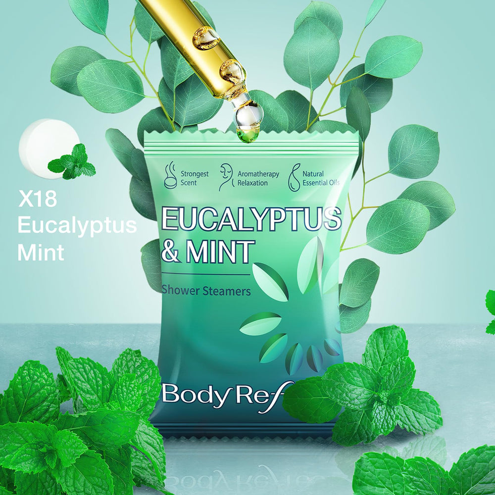 BodyRefresh tablet placed on shower shelf releasing aroma, controlled release benefit