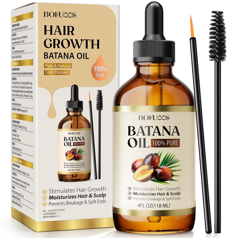 Bofuoos bottle front view showing pure batana oil, benefits visible packaging