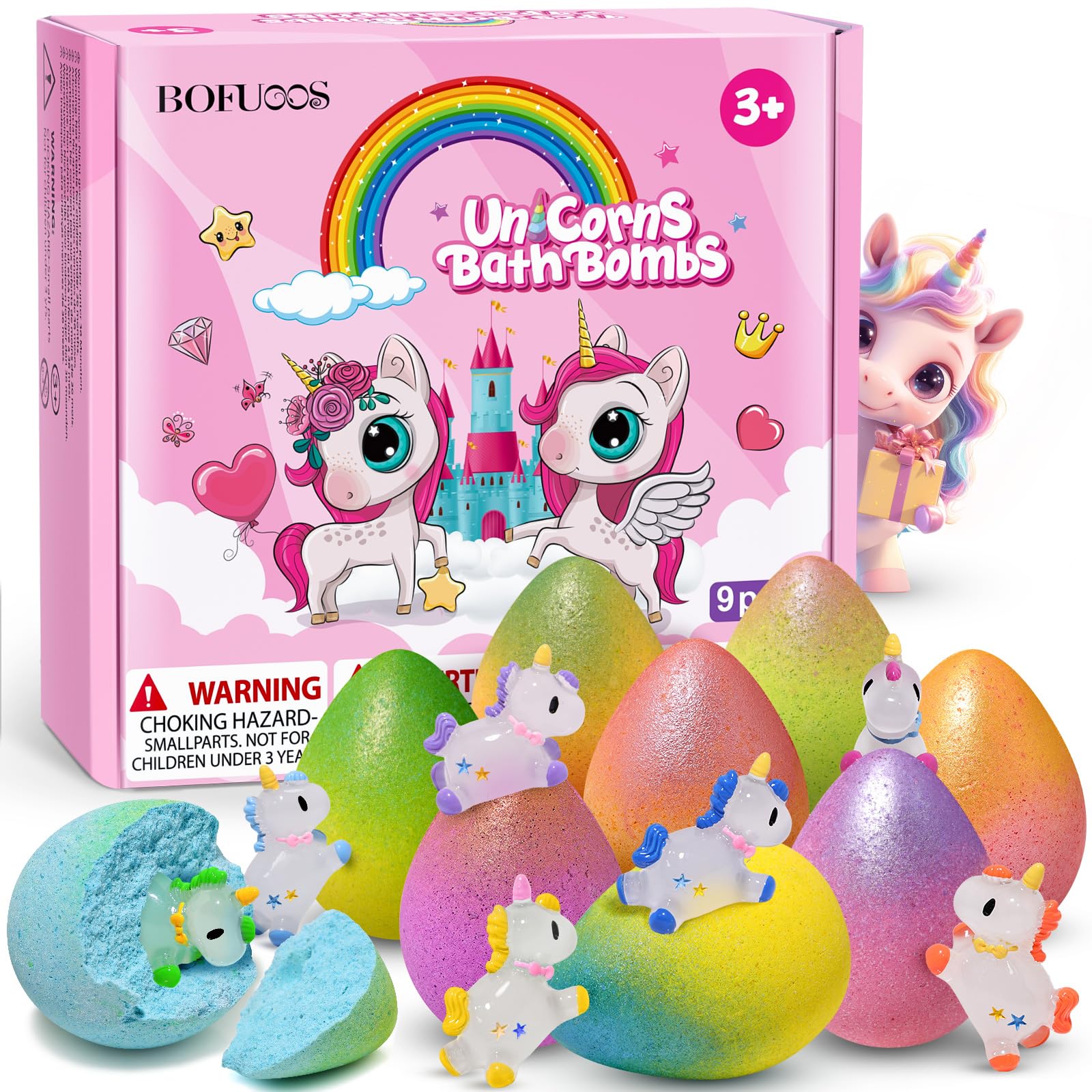 Bofuoos front packaging showing colorful unicorn bath bombs and toys