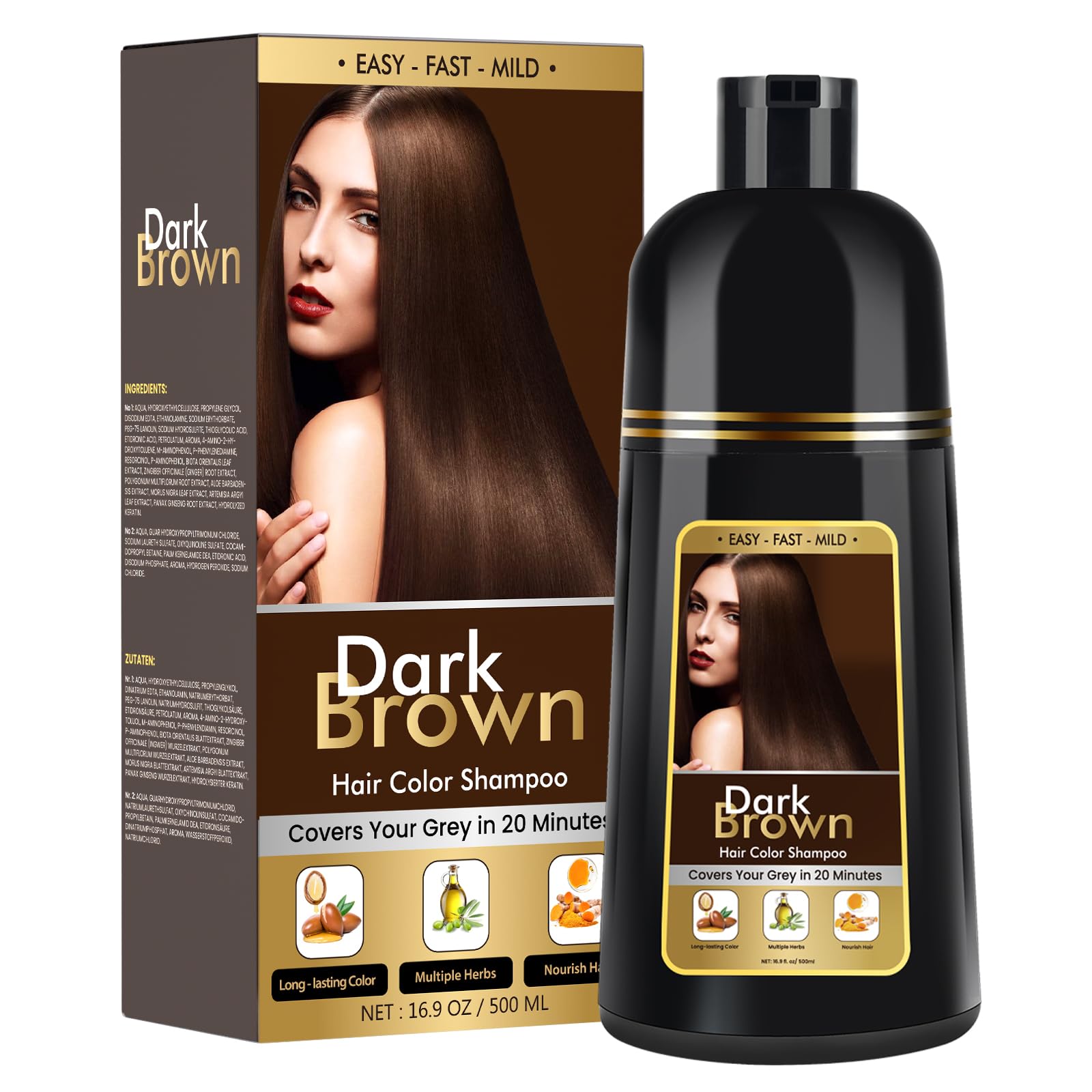 BOJICA front bottle view showing dark brown hair dye shampoo and benefits
