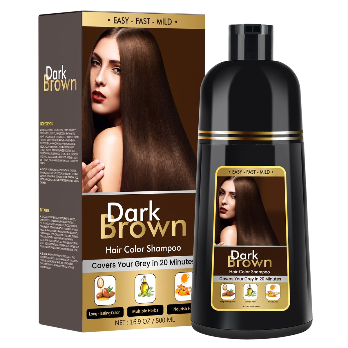 BOJICA front bottle view showing dark brown hair dye shampoo and benefits
