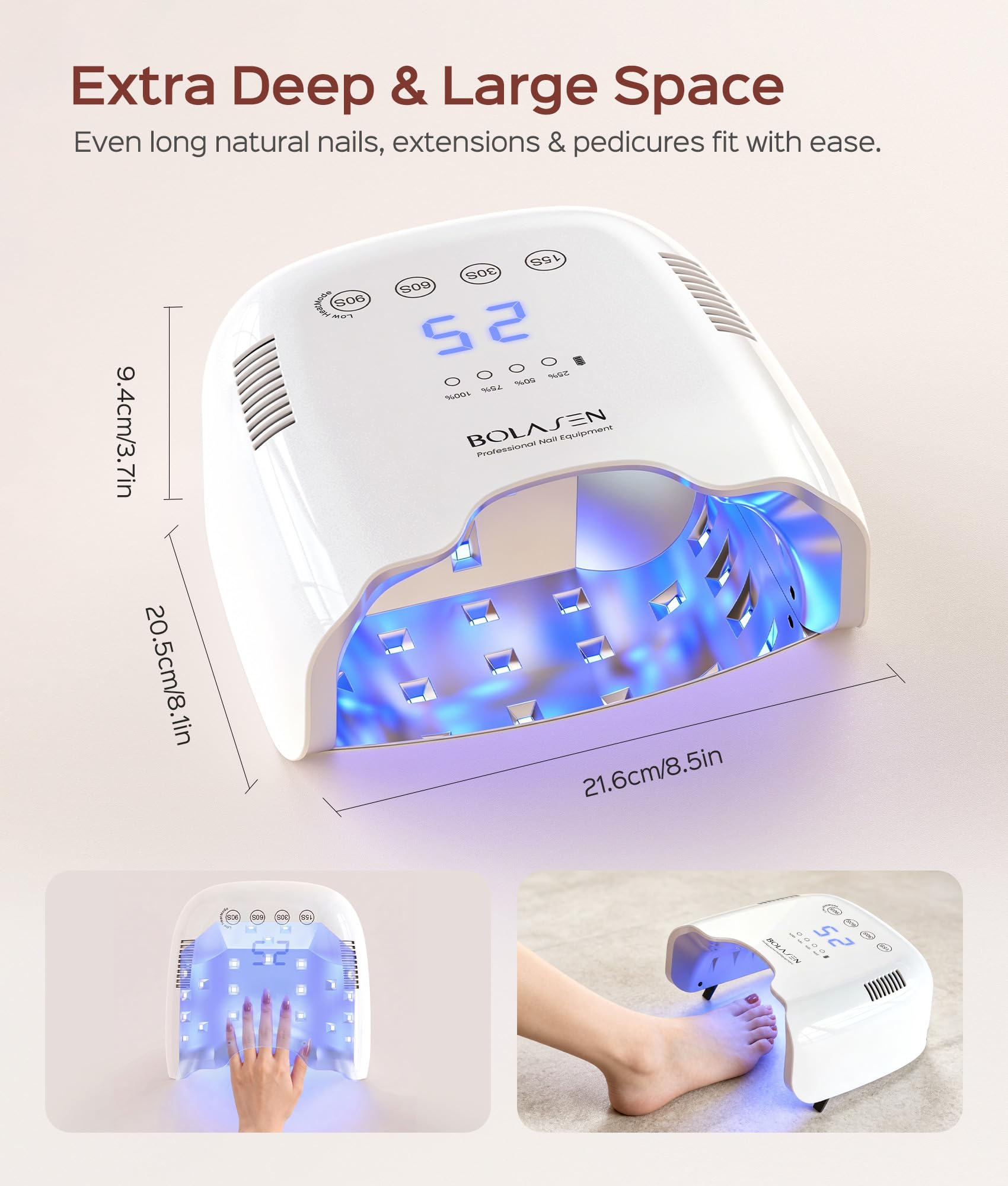 BOLASEN P30 Pro curing a foot demonstrating roomy interior for pedicure convenience