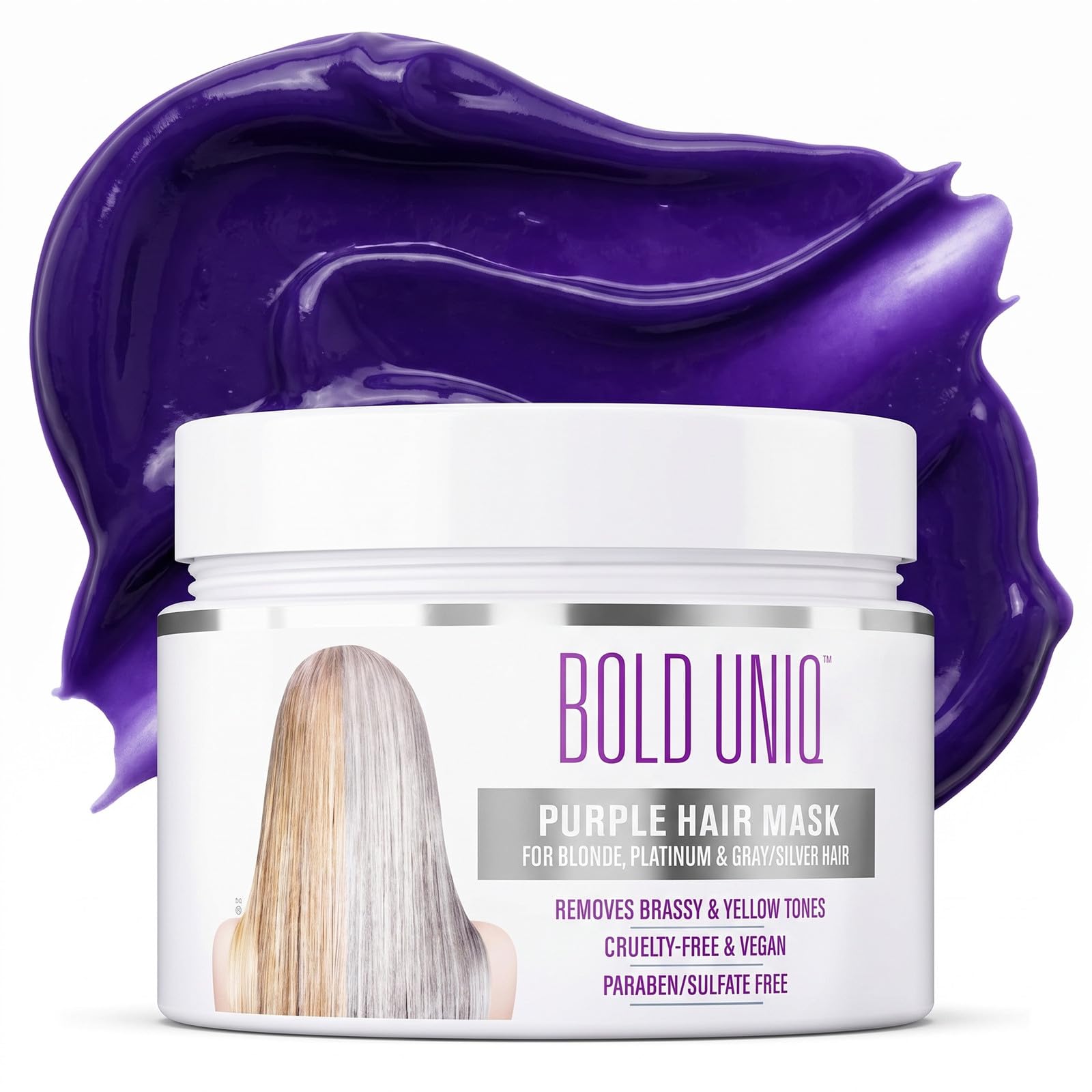 Bold Uniq front packaging showing purple hair mask and branding benefits