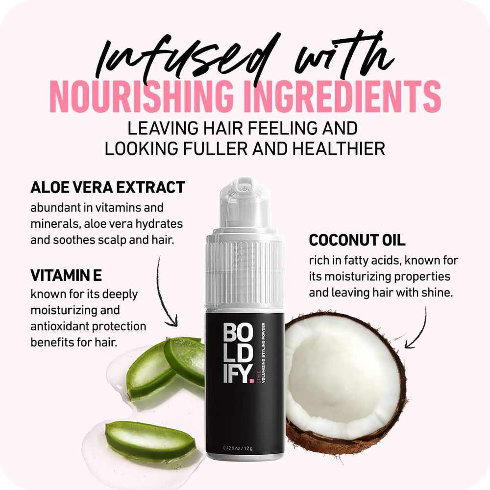 Boldify before and after showing noticeable lift and fuller hair without residue
