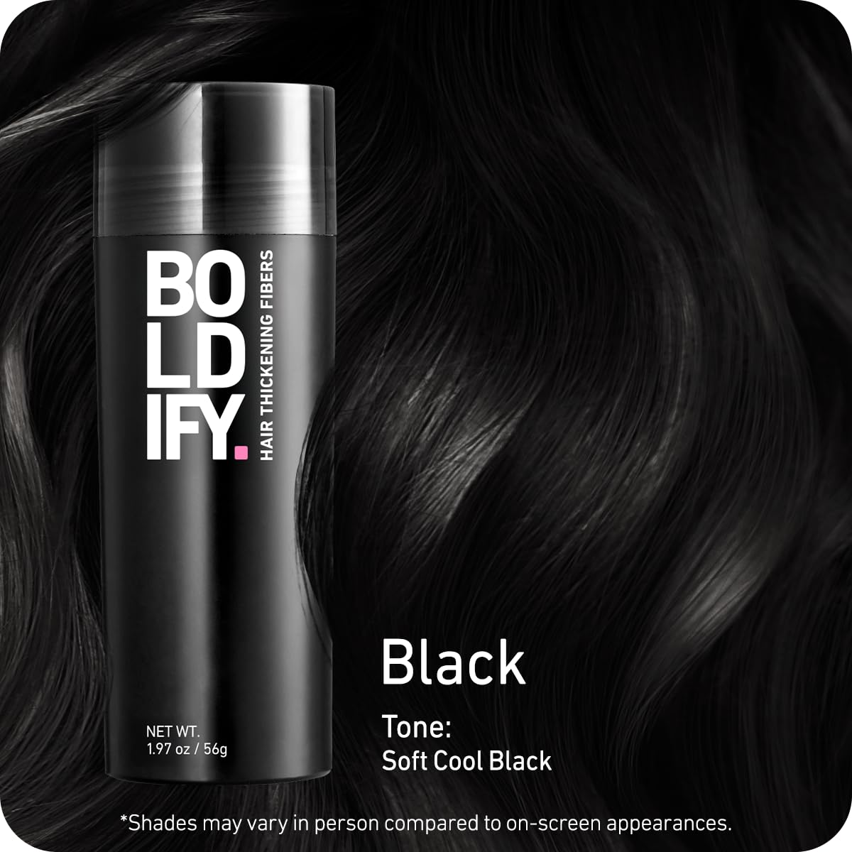 Boldify black jar open with powder visible, demonstrating easy application