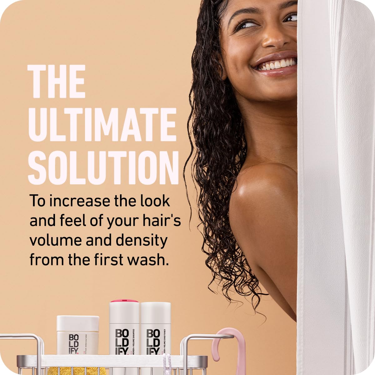 Boldify pump close-up revealing conditioner texture for easy detangling