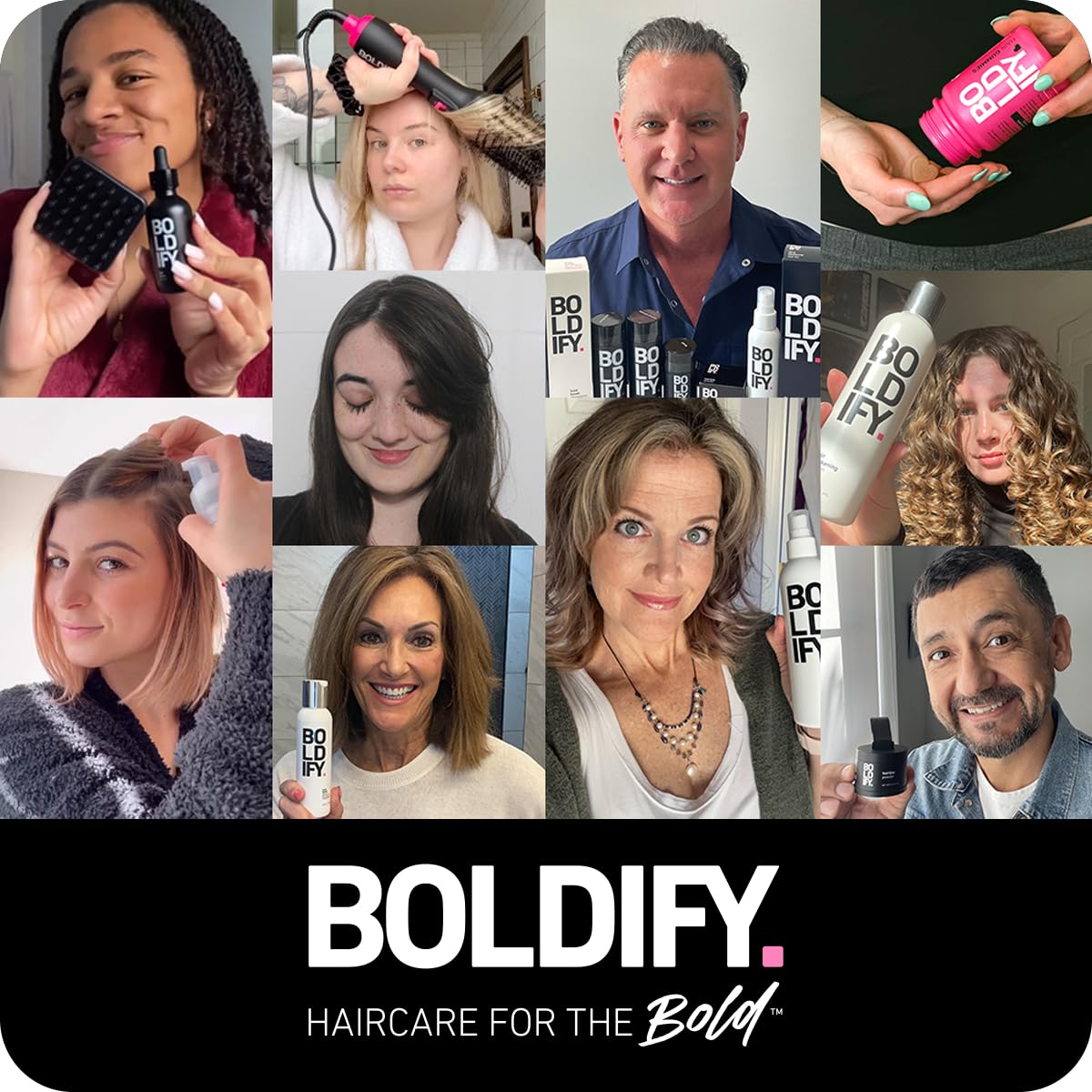 Boldify model with voluminous hair showcasing fuller, styled results