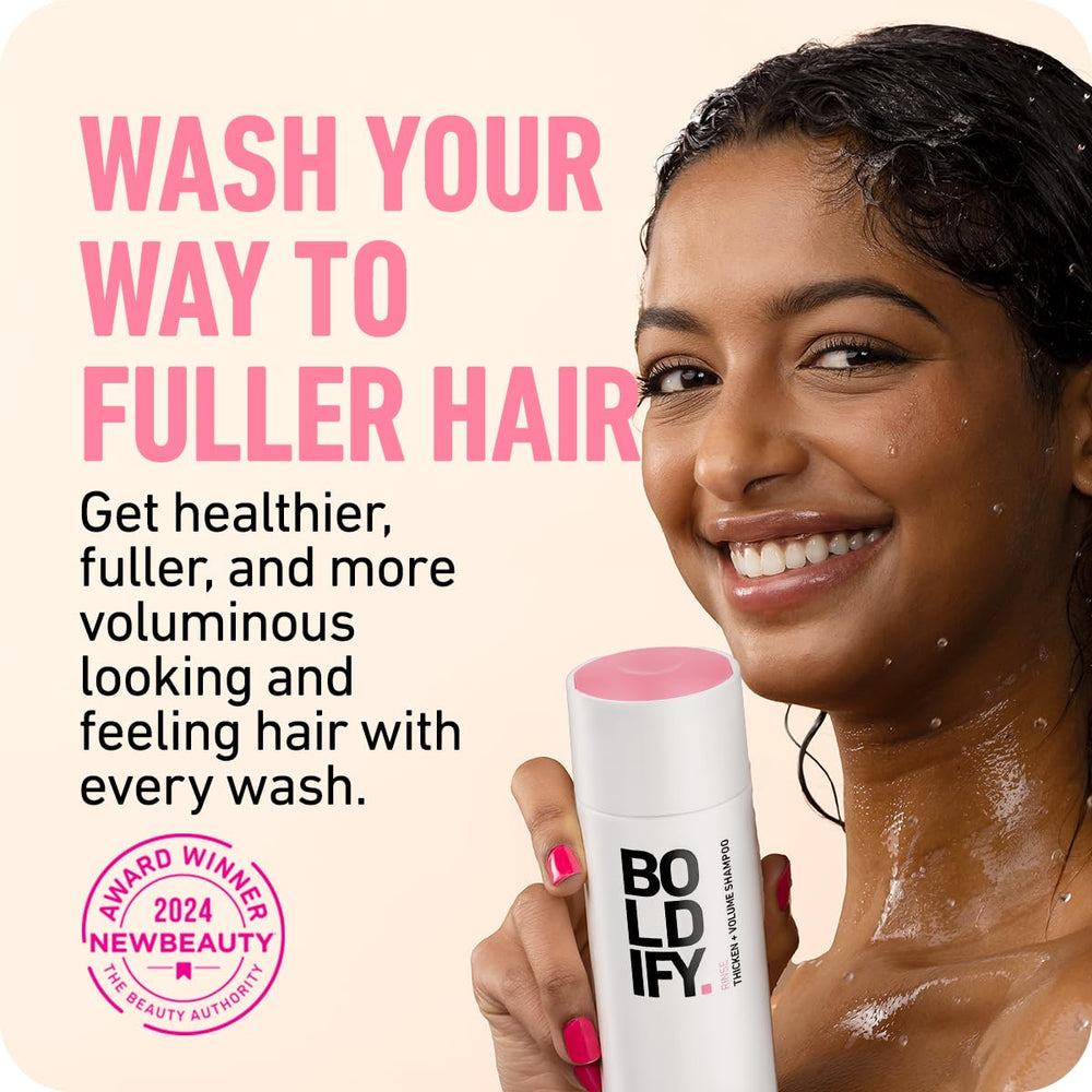 Boldify pump dispensing shampoo illustrating easy application and control